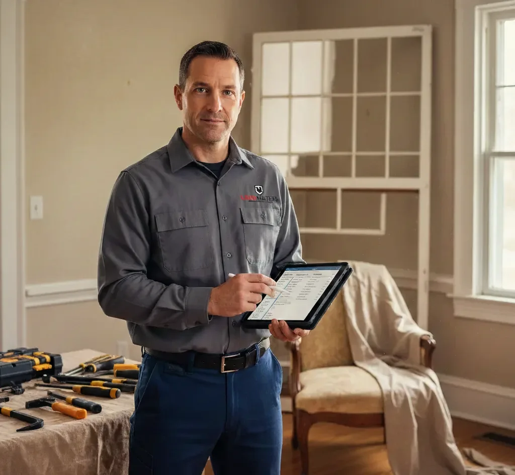 Contractor reviewing compliance checklist on a tablet at a home renovation site